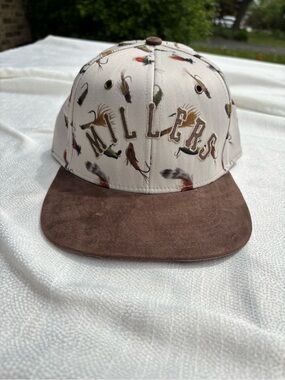 American Needle Beige Cap with Brown Brim and Fishing Lure Print